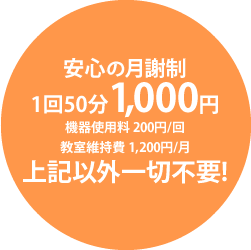 授業料は月謝制　1回1000円　機器使用料200円/回　教室維持費1200円