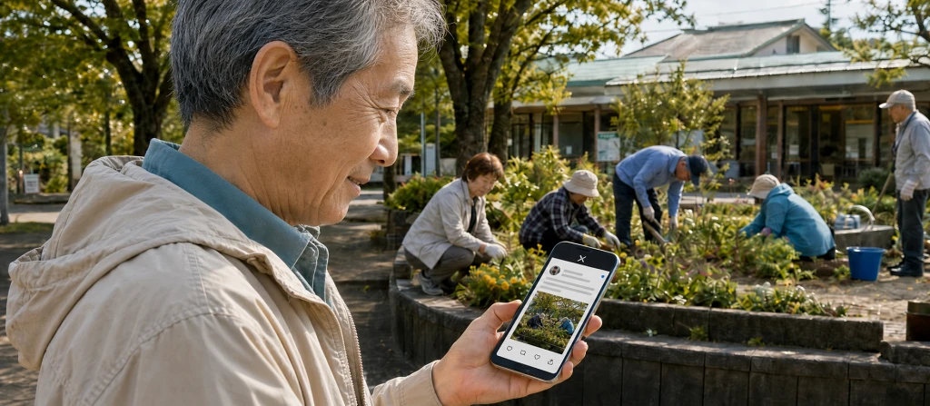 ガーデニングサークルの活動中にスマートフォンでお知らせを確認するシニア