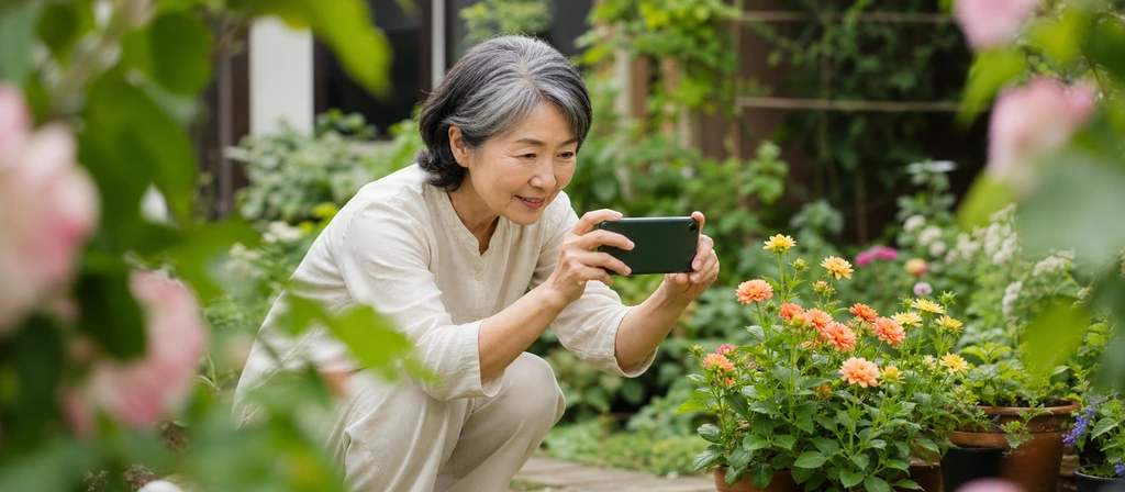 庭の花をスマートフォンで撮影するシニア女性
