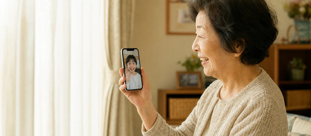 ビデオ通話で孫と顔を見ながら話すシニア女性