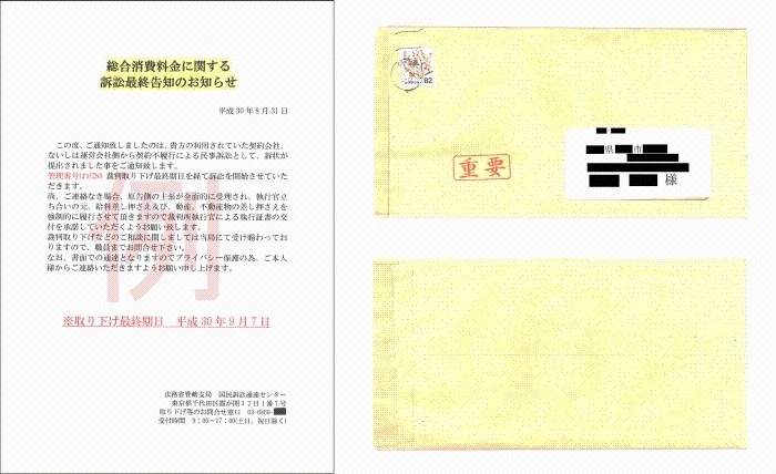 「総合消費料金に関する訴訟最終告知のお知らせ」と書かれた通知書と、「重要」の赤い印が押された封筒の、架空請求(封書)の例