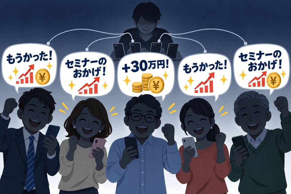 スマホを手に「もうかった!」「セミナーのおかげ!」と喜ぶ人たちの後ろで、1人の人物が複数のスマホを操作して、すべての書き込みをしている様子のイラスト