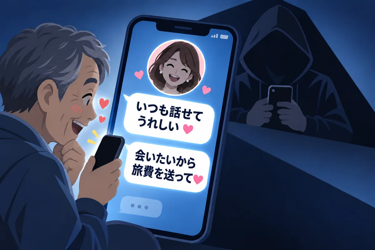 スマホに届いた「いつも話せてうれしい」「会いたいから旅費を送って」というメッセージに喜ぶ60代の男性と、その奥で女性のアイコンを使い、フードで顔を隠した人物がスマホを操作している様子のイラスト