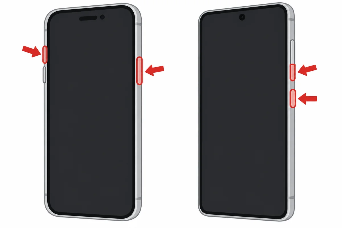 左はiPhoneで、左側面の音量を上げるボタンと右側面のサイドボタンを、右はAndroidで、右側面の音量を下げるボタンと電源ボタンを、赤い枠と矢印で示した図