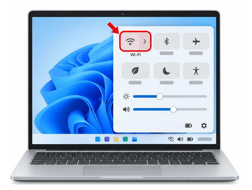 ノートパソコンの画面右下のメニューで、Wi-Fiのボタンをオフにする操作を赤い枠と矢印で示した図