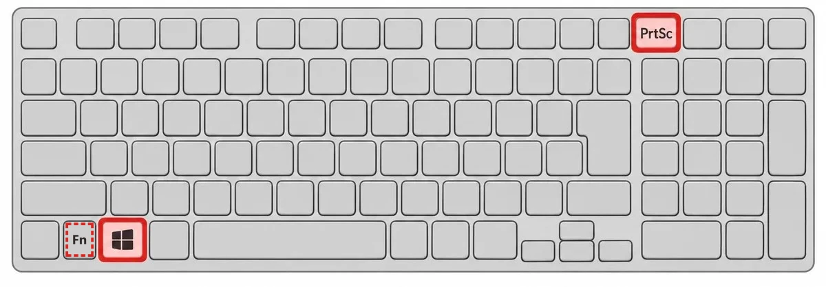 キーボード左下のWindowsキーと、右上のPrtScキーを赤い枠で囲み、同時に押すことを示した図。ノートパソコンで必要になる場合があるFnキーは赤い点線で囲んでいる