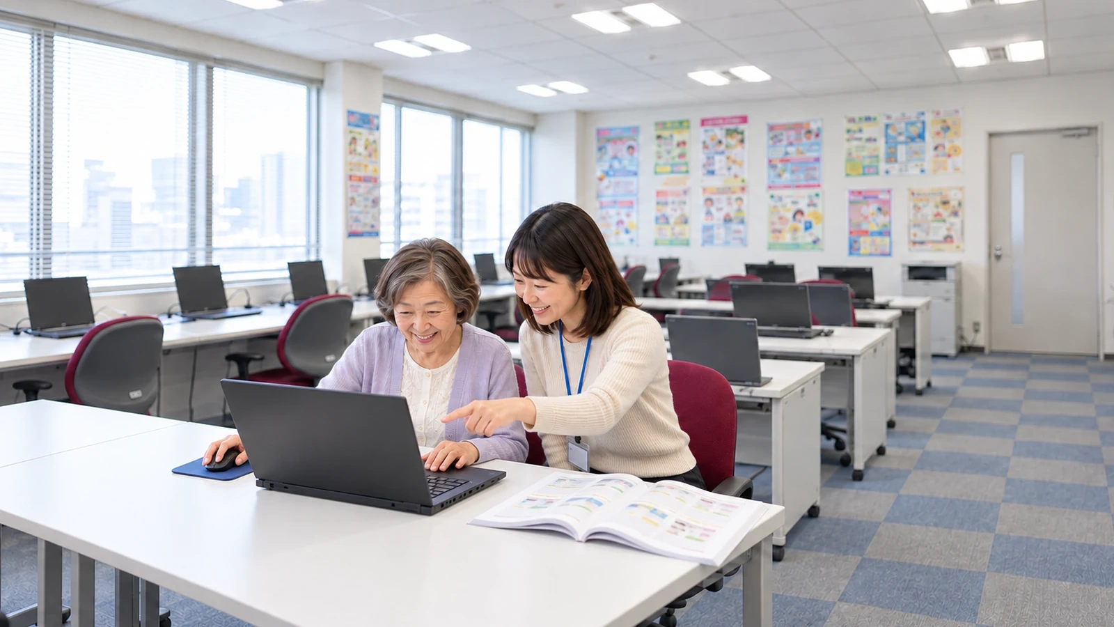 パソコン教室での学習する60代女性